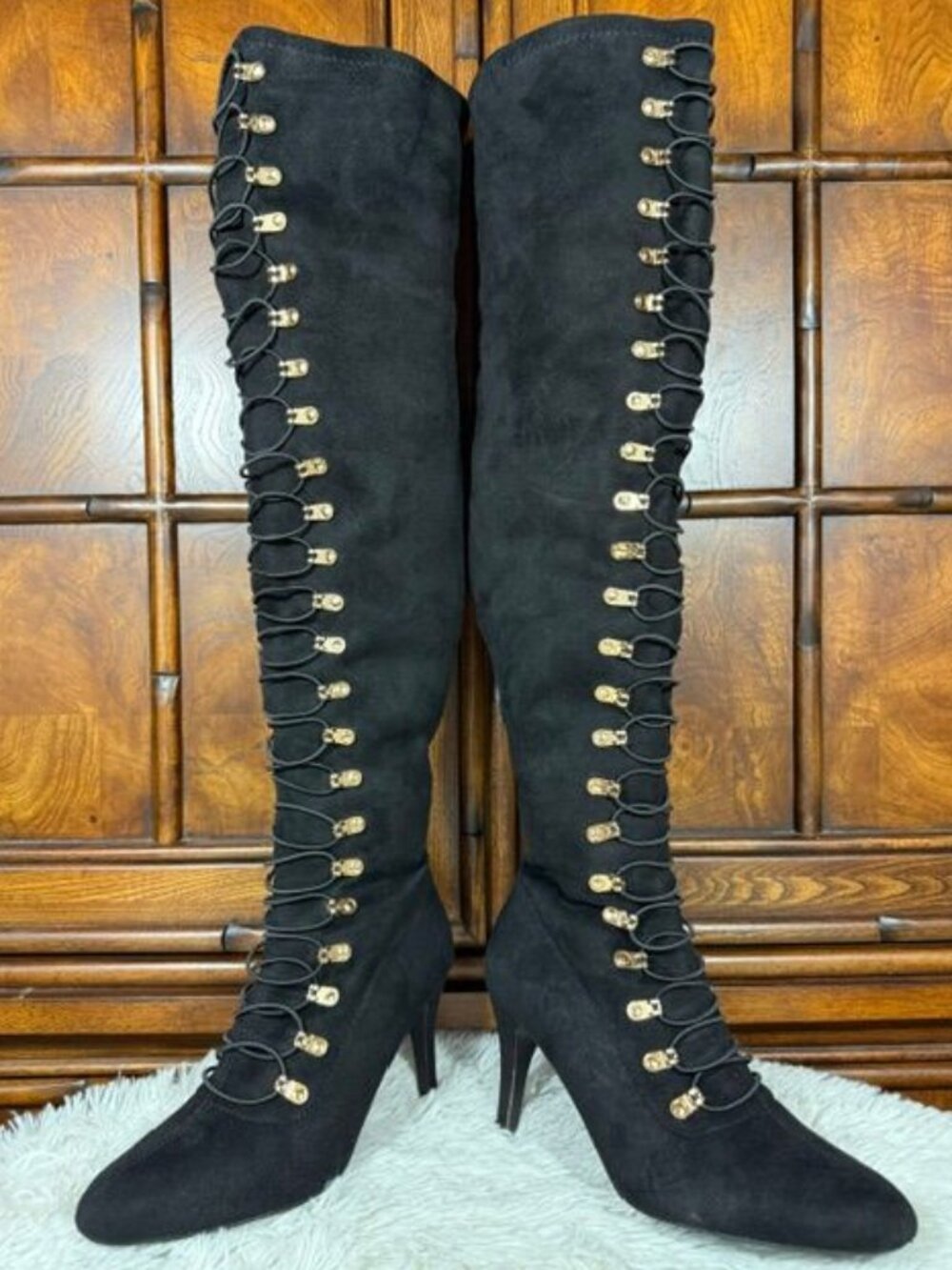 Brinley Co. Black Military Cadet Laced Stretch Faux Suede Over the Knee Boot